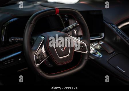 BERLIN - JUNE 18, 2022: Interior of the sports car Chevrolet Corvette (C8) Z51 3LT. Classic Days Berlin. Stock Photo