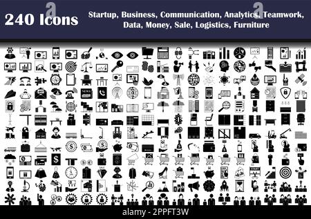 240 Icons Of Startup, Business, Communication, Analytics, Teamwork, Data, Money, Sale, Logistics, Furniture Stock Vector