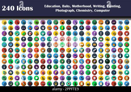 240 Icons Of Education, Baby, Motherhood, Writing, Painting, Photograph, Chemistry, Computer Stock Vector