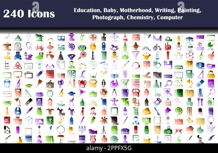 240 Icons Of Education, Baby, Motherhood, Writing, Painting, Photograph, Chemistry, Computer Stock Vector