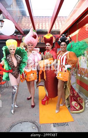 Tamara Mascara,Olivia Jones,Bambi Mercury,Catherrine Leclery,Lieferando Food-Queen Delivery presentation of the disguises of the drag queens in Olivia's Show Club on the Reeperbahn,Hamburg,19.07.2022 Stock Photo