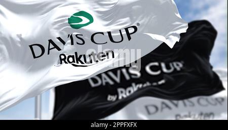 the flags of the Davis Cup by Rakuten waving in the wind on a clear day Stock Photo