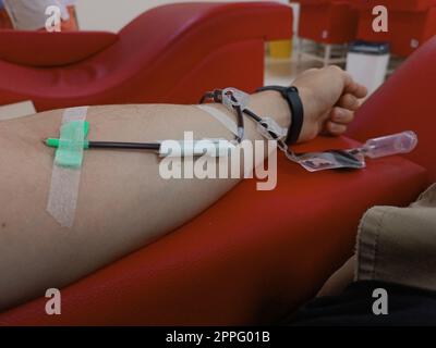 Blood donation, blood transfusion, check specified, fasting, health care. Left arm of caucasian young man with equipment for blood or plasma donations in donation centre. Blood donation concept. Plasma donation concept. Save life concept. Stock Photo