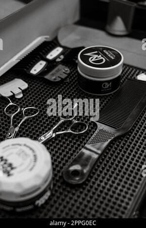 the tools of a Barber on the desktop Stock Photo