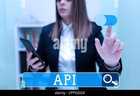 Conceptual caption Api. Business showcase set of routines, protocols, and tools for building software applications Stock Photo