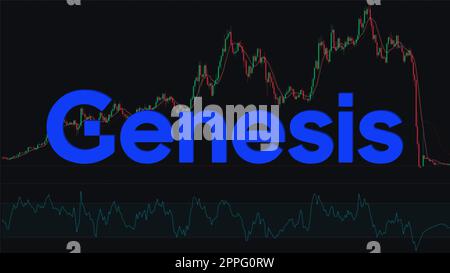 Kyiv, Ukraine - November 21, 2022: Crypto brand logo on dark background with red down arrow in graph. US crypto company Genesis Global Trading Inc. falls in the stock market - collapse and bankruptcy. Stock Photo