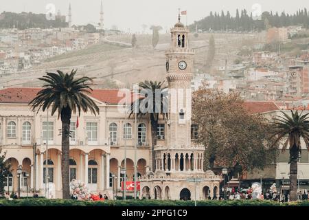 beautiful tower on the background of the modern city of Izmir, Turkey. Stock Photo
