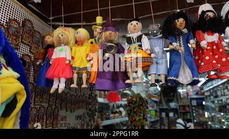 Traditional puppets made of wood. Shop in Prague Stock Photo