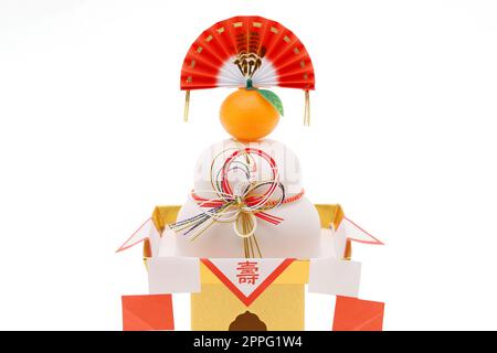 Traditional Japanese new year decoration Kagamimochi, Japanese word of this photography means 'celebration or congraturations' Stock Photo