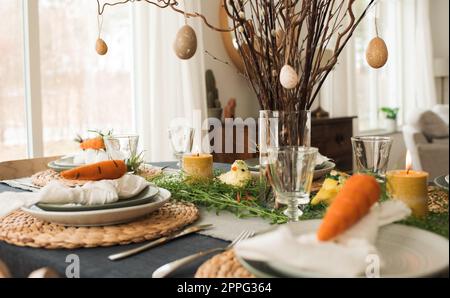 easter table decorations ready for a celebration at home Stock Photo