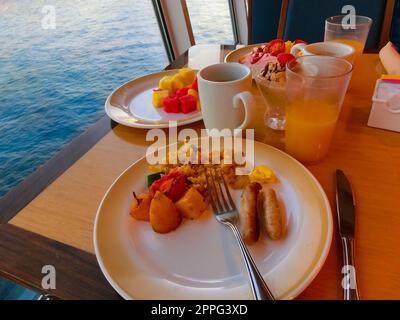 Dining Room Buffet aboard the abstract luxury cruise ship. Stock Photo