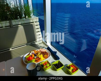 Dining Room Buffet aboard the abstract luxury cruise ship. Stock Photo
