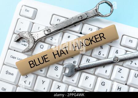 Hand writing sign Blue Hat Hacker. Business overview Person consulting firms who bug system prior to its launch -48570 Stock Photo