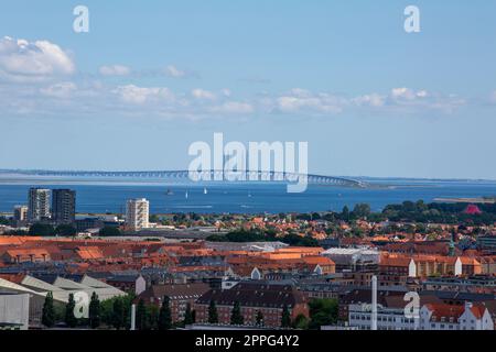 Aerial view of the city and Oresund Bridge, Copenhagen, Denmark Stock Photo