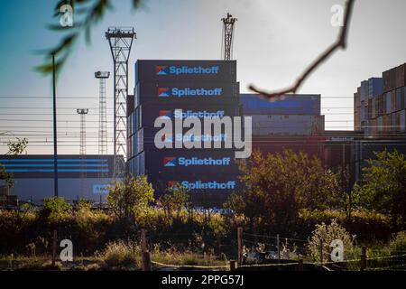 Spliethoff containers stacked in a container terminal in the port of Antwerp, Belgium. Stock Photo