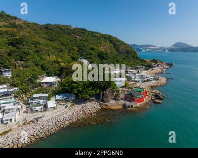 Lei Yue Mun, Hong Kong 12 December 2021: Drone fly Hong Kong fishing village Stock Photo