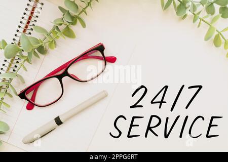 Writing displaying text 24 7 Service. Business concept Always available to serve Runs constantly without disruption Flashy School Office Supplies, Teaching Learning Collections, Writing Tools Stock Photo