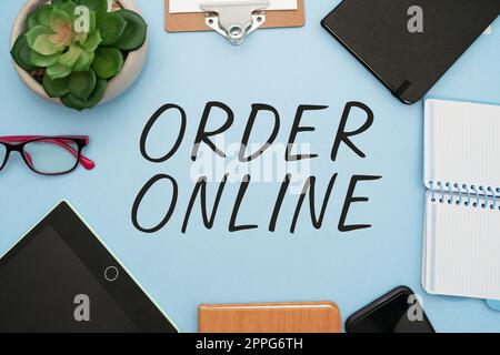 Conceptual caption Order Online. Concept meaning Buying goods and services from the sellers over the internet Flashy School Office Supplies, Teaching Learning Collections, Writing Tools Stock Photo