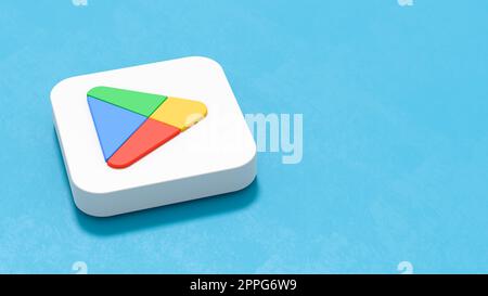 Google Play Store App 2022 Icon on Blue with Copy Space Stock Photo