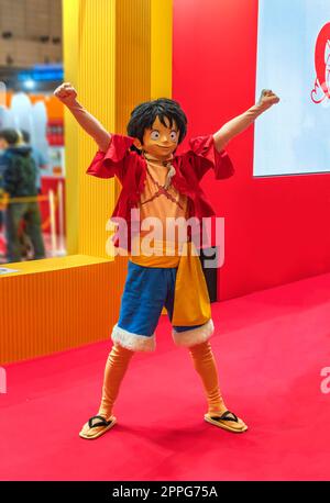 chiba, japan - december 22 2018: Cosplayer wearing costume, mask and wig of the pirate character Monkey D.Luffy of the manga and anime series of One Piece during the convention Jump Festa 19. Stock Photo