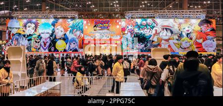 chiba, japan - december 22 2018: Panorama view of the entrance of the annual convention Jump Festa 19 related to Japanese Manga and Anime series, film Stock Photo