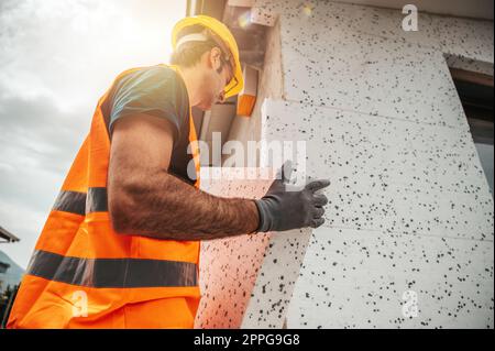 Polystyrene thermal cladding for energy saving on a construction site Stock Photo