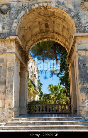 Gate with round arch at the old palace, Kerkyra, Corfu Stock Photo