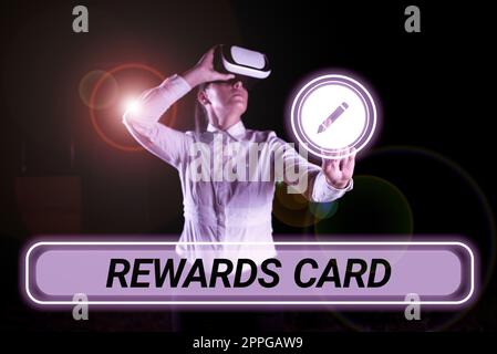 Hand writing sign Rewards Card. Word Written on Help earn cash points miles from everyday purchase Incentives Stock Photo