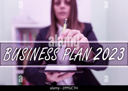 Conceptual caption Business Plan 2023. Business idea Challenging Business Ideas and Goals for New Year Stock Photo