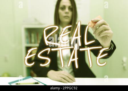 Writing displaying text Real Estate. Conceptual photo the property consisting of land and the buildings on it Stock Photo