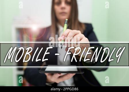 Conceptual caption Mobile Friendly. Word for a website which can be conveniently used on a mobile device Stock Photo