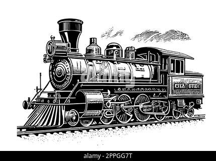 Retro locomotive on white background hand drawn sketch in doodle style Stock Photo