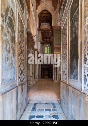 Passage with decorated marble walls at the Mausoleum of Sultan Qalawun, Moez Street, Cairo, Egypt Stock Photo