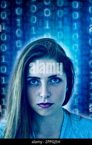 young woman face and binary background Stock Photo