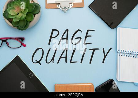 Text caption presenting Page Quality. Business idea Effectiveness of a website in terms of appearance and function Flashy School Office Supplies, Teaching Learning Collections, Writing Tools Stock Photo