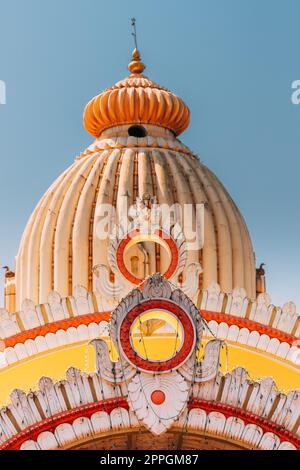 Mapusa, Goa, India. The Shree Ganesh Mandir, Ganeshpuri Temple. Famous Landmark And Popular Destination. Close Up Details Stock Photo