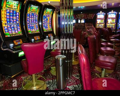 Miami, USA - April 29, 2022: Interior of slot machines in gambling casino on board new cruise ship or new flagship of MSC Seashore Stock Photo