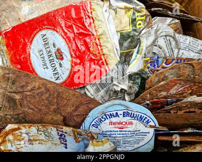 Hamburg, Germany - 03 September 2022: A pile of rusty beer cans of different brands.. Stock Photo