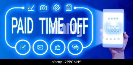 Conceptual display Paid Time Off. Conceptual photo Receiving payments for not moments where you are not working Businessman Holding Speech Bubble With Important Informations. Stock Photo