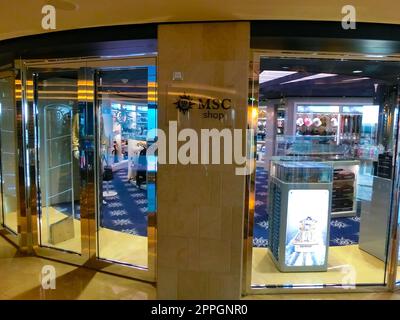 Miami, USA - April 29, 2022: Interior of the Atrium in the MSC Seashore Stock Photo