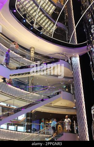 Miami, USA - April 29, 2022: Interior of the Atrium in the MSC Seashore Stock Photo