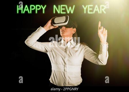 Conceptual caption Happy New Year. Internet Concept Greeting Celebrating Holiday Fresh Start Best wishes Woman Holding Tablet Presenting Digital Navigation Pin And Loading S. Stock Photo