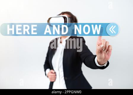 Conceptual caption Here And Now. Business concept Present at this exact moment Compromise Engagement in situation Businessman Holding Speech Bubble With Important Informations. Stock Photo