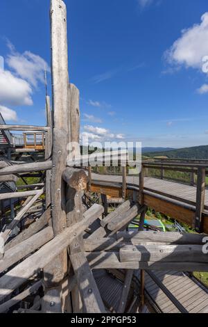 Top of wooden observation tower located at the top of the Slotwiny Arena ski station, leading in the treetops, Krynica Zdroj, Beskid Mountains, Slotwiny, Poland Stock Photo