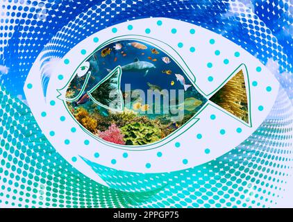 Fish and Colorful coral reef with many fishes and sea turtle. Save marine life. Conceptual art design or collage. Stock Photo