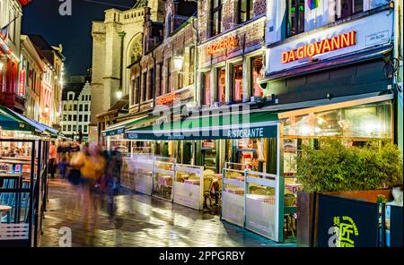 Restaurants in the old town of Antwerp, Belgium, by night Stock Photo