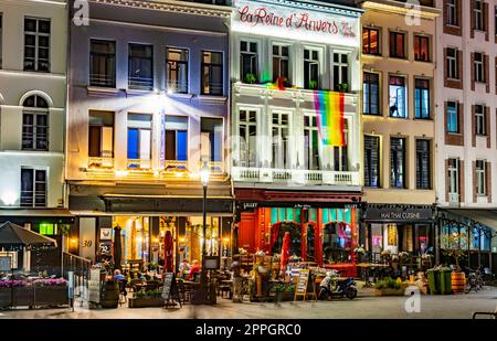 Restaurants in the old town of Antwerp, Belgium, by night Stock Photo