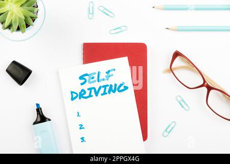 Conceptual caption Self Driving. Business overview Autonomous vehicle Ability to navigate without human input Stock Photo