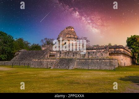 Ruins of El Caracol observatory temple, Chichen Itza, Yucatan, Mexico, Maya civilization with Milky Way Galaxy stars night sky Stock Photo