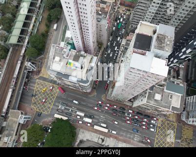 Mong Kok, Hong Kong 29 January 2022: Top down view of Hong Kong city traffic intersection Stock Photo